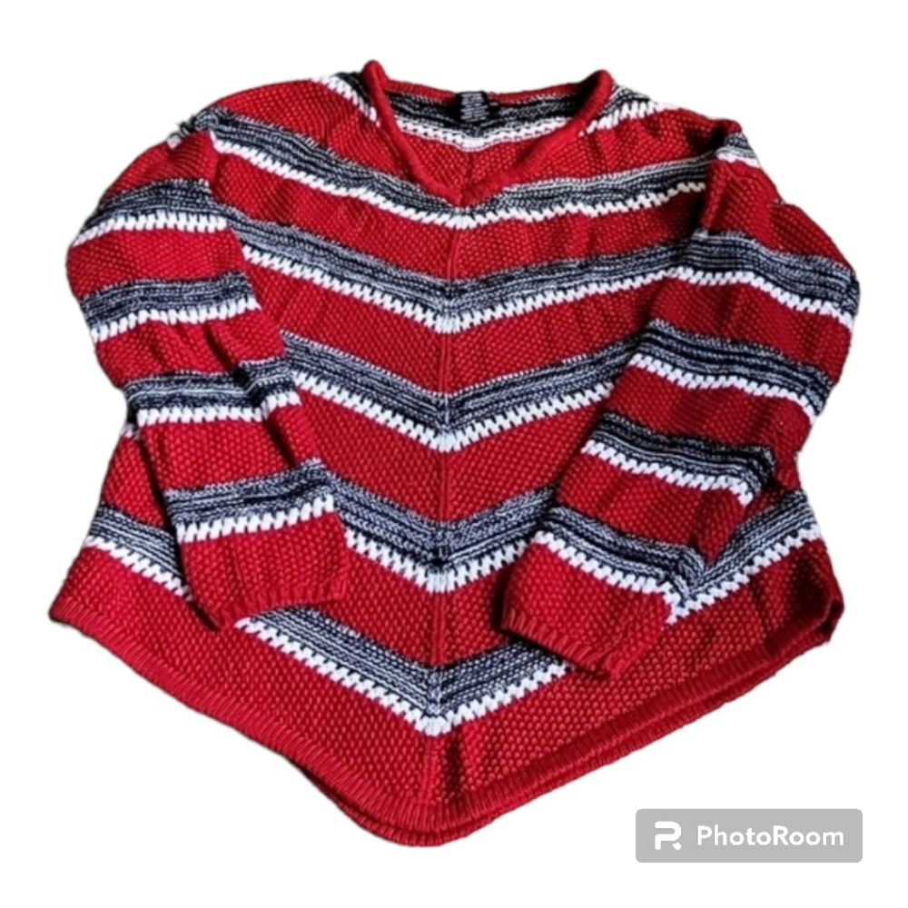 ND womens XL sweater acrylic v-neck v-stripes design red gray white long sleeve